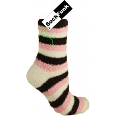 Fluffy Bed Socks Pink, White and Brown Stripes